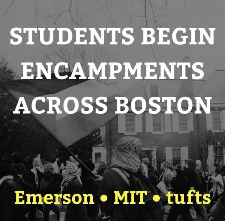 inforaphic with gray photo in the background. text: 'STUDENTS BEGIN ENCAMPMENTS ACROSS BOSTON'